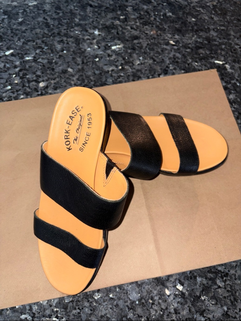 Kork-Ease Black Leather Double Strap Slide Sandals women’s